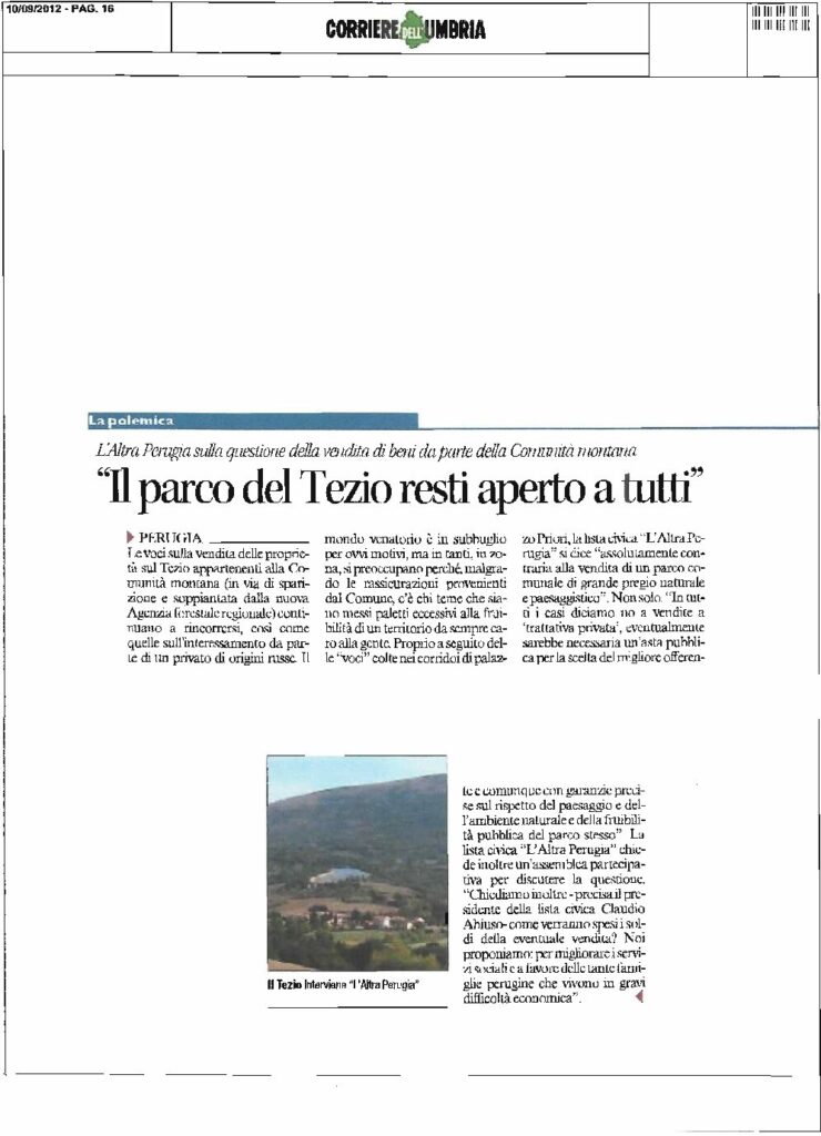 thumbnail of 06.09.2012 Corriere dell’Umbria – Il Parco del Tezio resti aperto a tutti