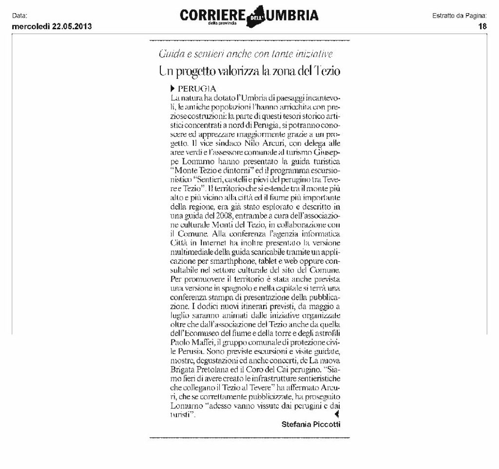 thumbnail of 22.05.2013 Corriere dell’Umbria – Un progetto valorizza la zona del Tezio