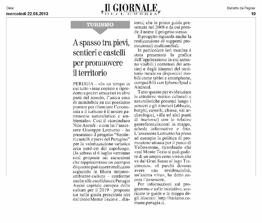 thumbnail of 22.05.2013 Giornale dell’Umbria – A spasso tra Pievi sentieri e castelli per promuovere il territorio