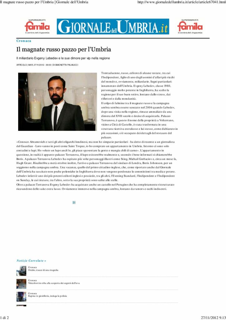 thumbnail of 27.11.2012 Giornale dell’Umbria – Il magnate russo pazzo per l’Umbria